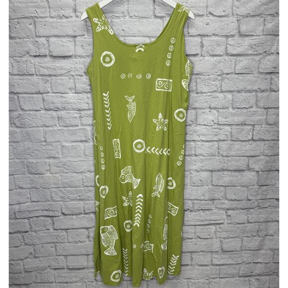 VTG Kisses & Hugs Sleeveless Midi Dress Size XL Lime Green Fish Stars Painted - Picture 5 of 5